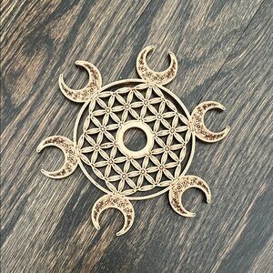 Wooden Flower of Life Moon Phases Wall Decor Crystal Grid- Natural Wood